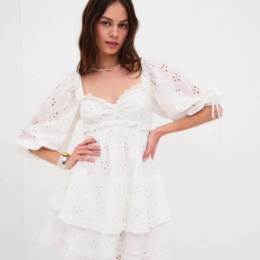For Love & Lemons White Eyelet Mini Dress XL Puff Sleeve Embroidered Bridal